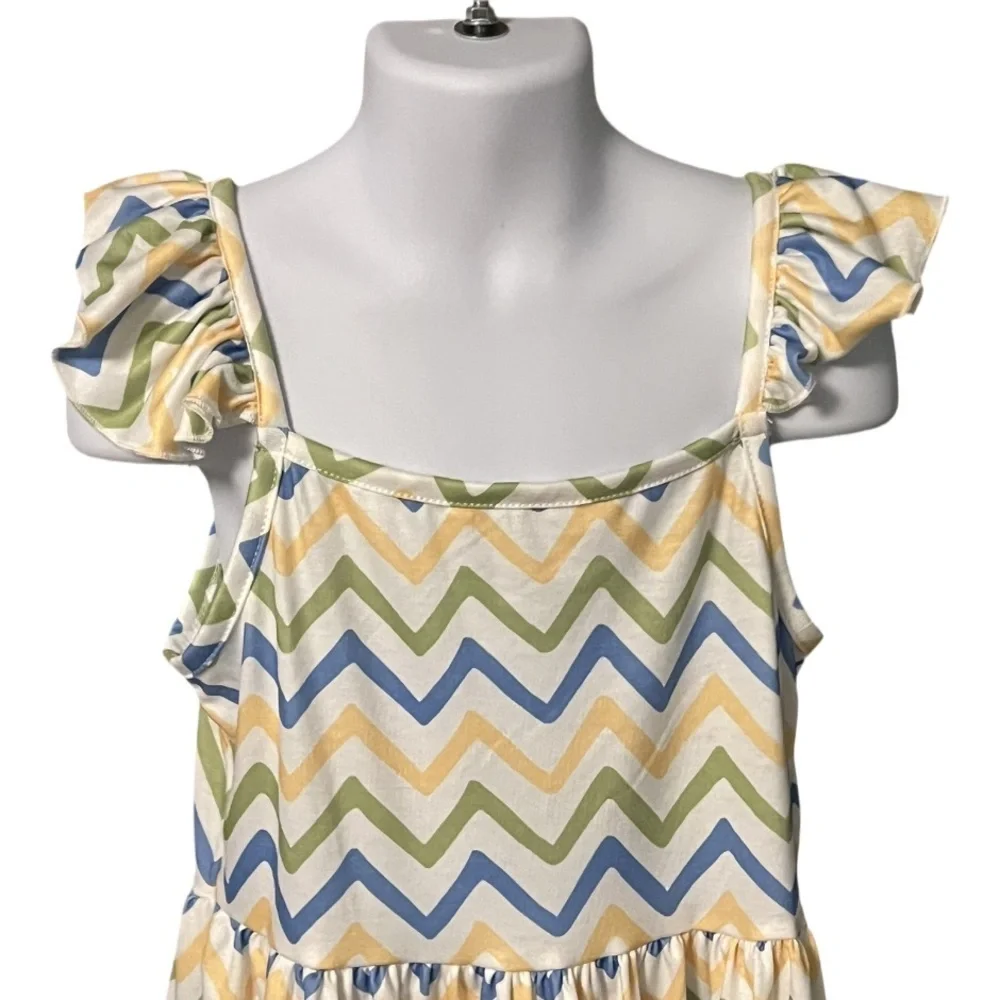Chevron Patterned Blue White Green and Yellow Ruffle Tank Dress NWOT Boutique